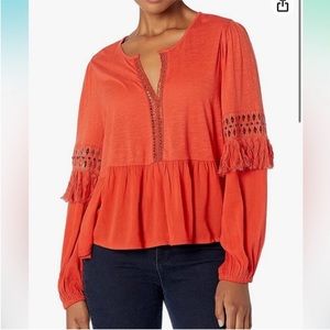 Lucky Brand Peasant Fringe Blouse- Dark Orange with Navy Accent dots